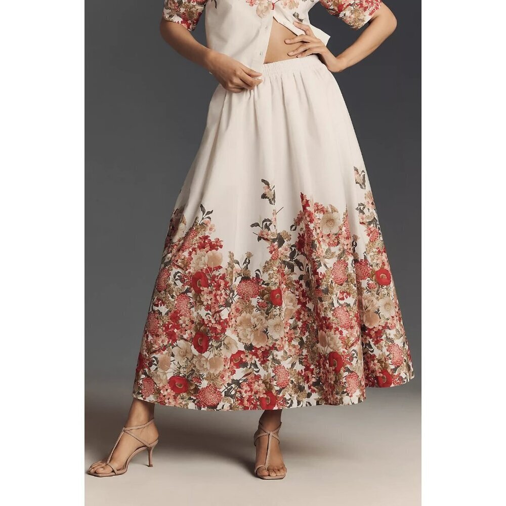 Maeve Pull-On Circle Skirt White Brown Red Floral 3X